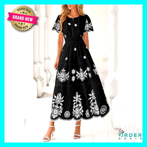 Boho Floral Maxi Dress V Neck Short Sleeve Elastic Waist Pockets Tiered - Picture 2 of 7